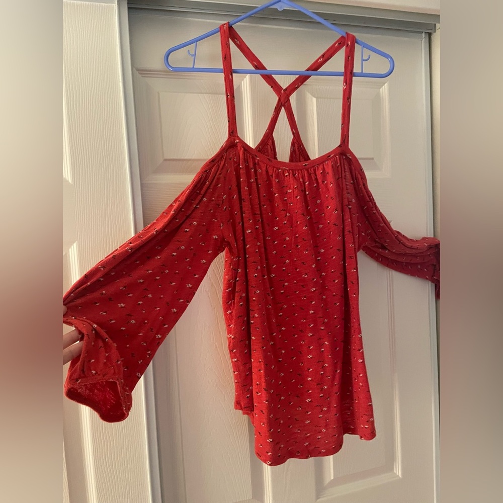 Lucky Red Cold Shoulder Top with Criss Cross Detail on Back